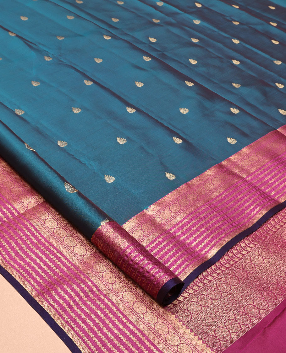 Blue Vasundhara Lite Silk Mix Saree, Woven with Zari Buttas, a Contrast Border of Charkam and Neli Designs, Grand Pallu, and a Contrast Blouse