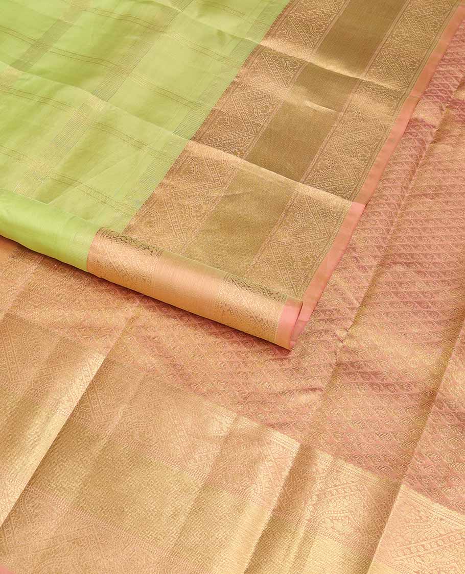 Mint green checked silk saree with contrast intricate zari design border & leaf jaal design pallu