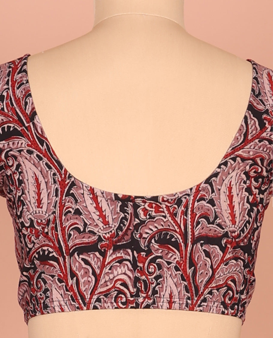 Black Cotton Readymade Blouse Ornamented with All-Over Floral Print, Featuring a Front Round-Neck, a Back Round-Neck, and Elbow Sleeves
