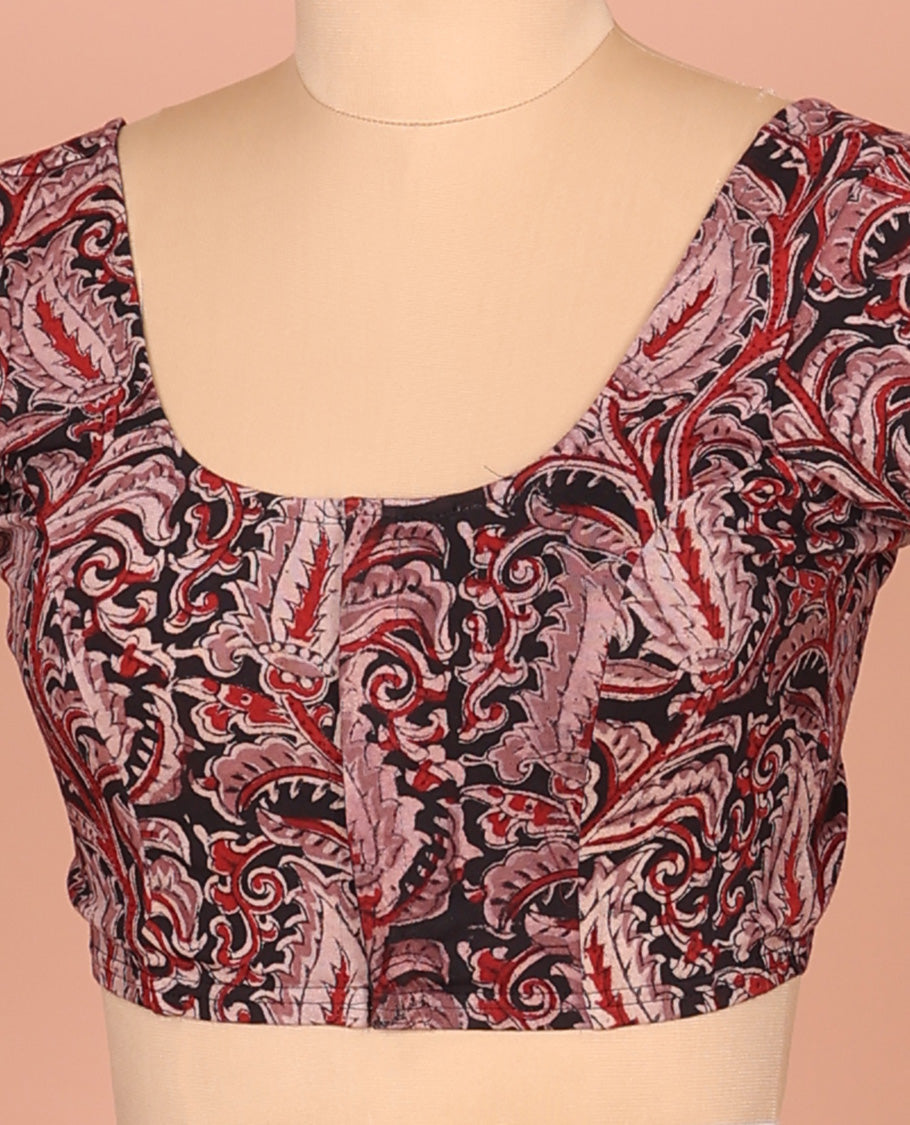 Black Cotton Readymade Blouse Ornamented with All-Over Floral Print, Featuring a Front Round-Neck, a Back Round-Neck, and Elbow Sleeves