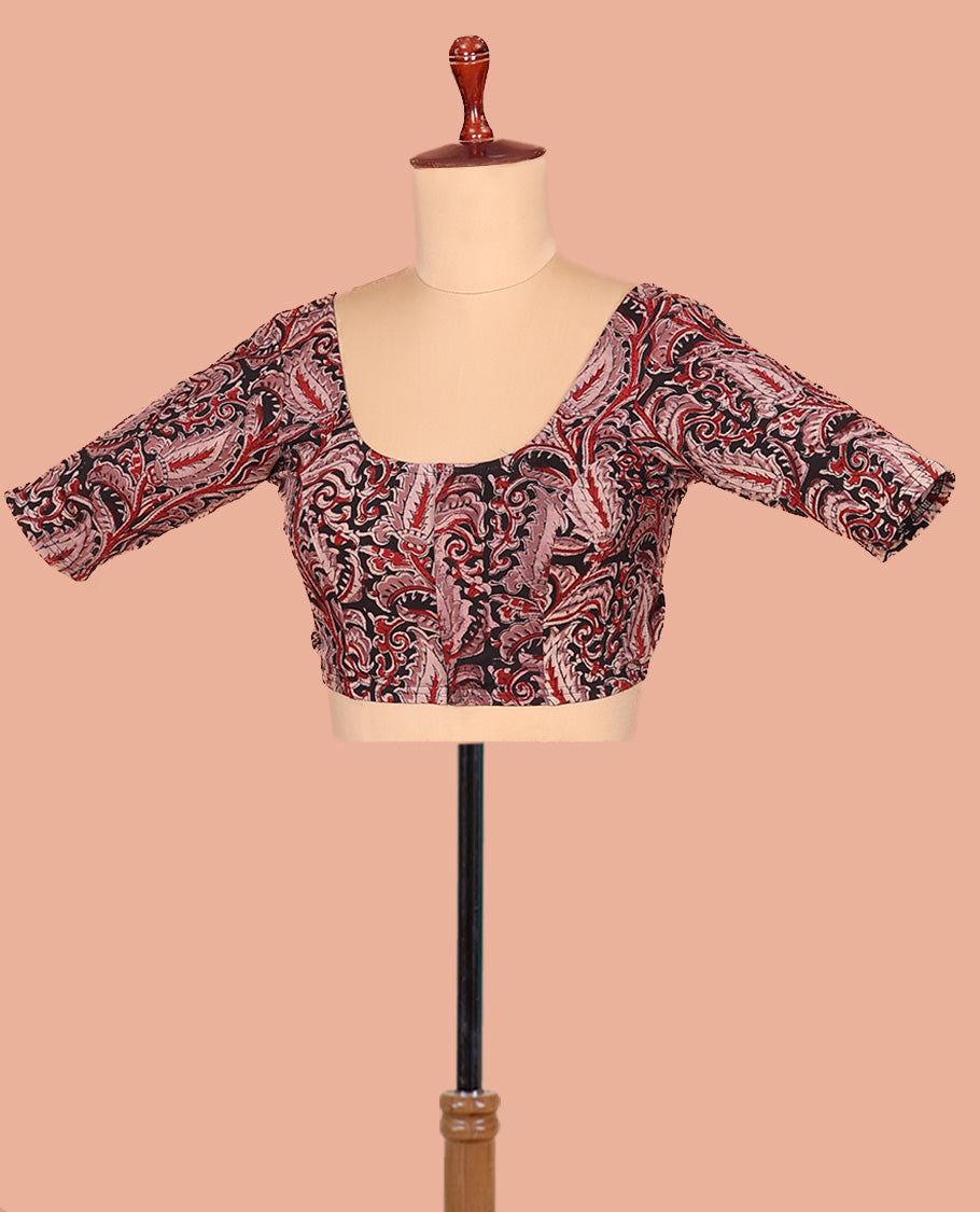 Black Cotton Readymade Blouse Ornamented with All-Over Floral Print, Featuring a Front Round-Neck, a Back Round-Neck, and Elbow Sleeves