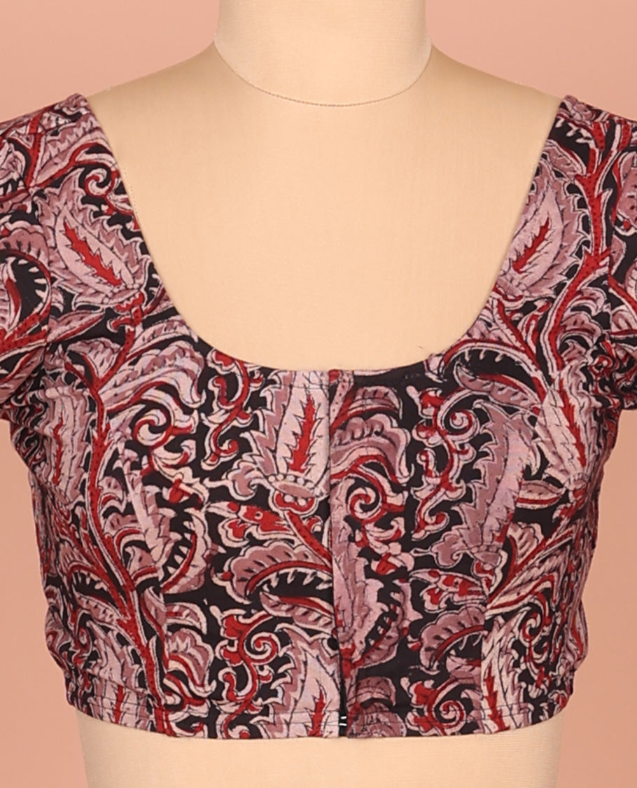 Black Cotton Readymade Blouse Ornamented with All-Over Floral Print, Featuring a Front Round-Neck, a Back Round-Neck, and Elbow Sleeves