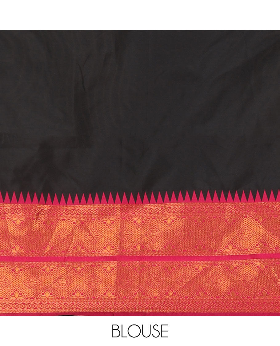 Black lehenga set, plain with contrast temple traditional motifs woven border skirt, matching traditional border blouse & pink zari border dhavani
