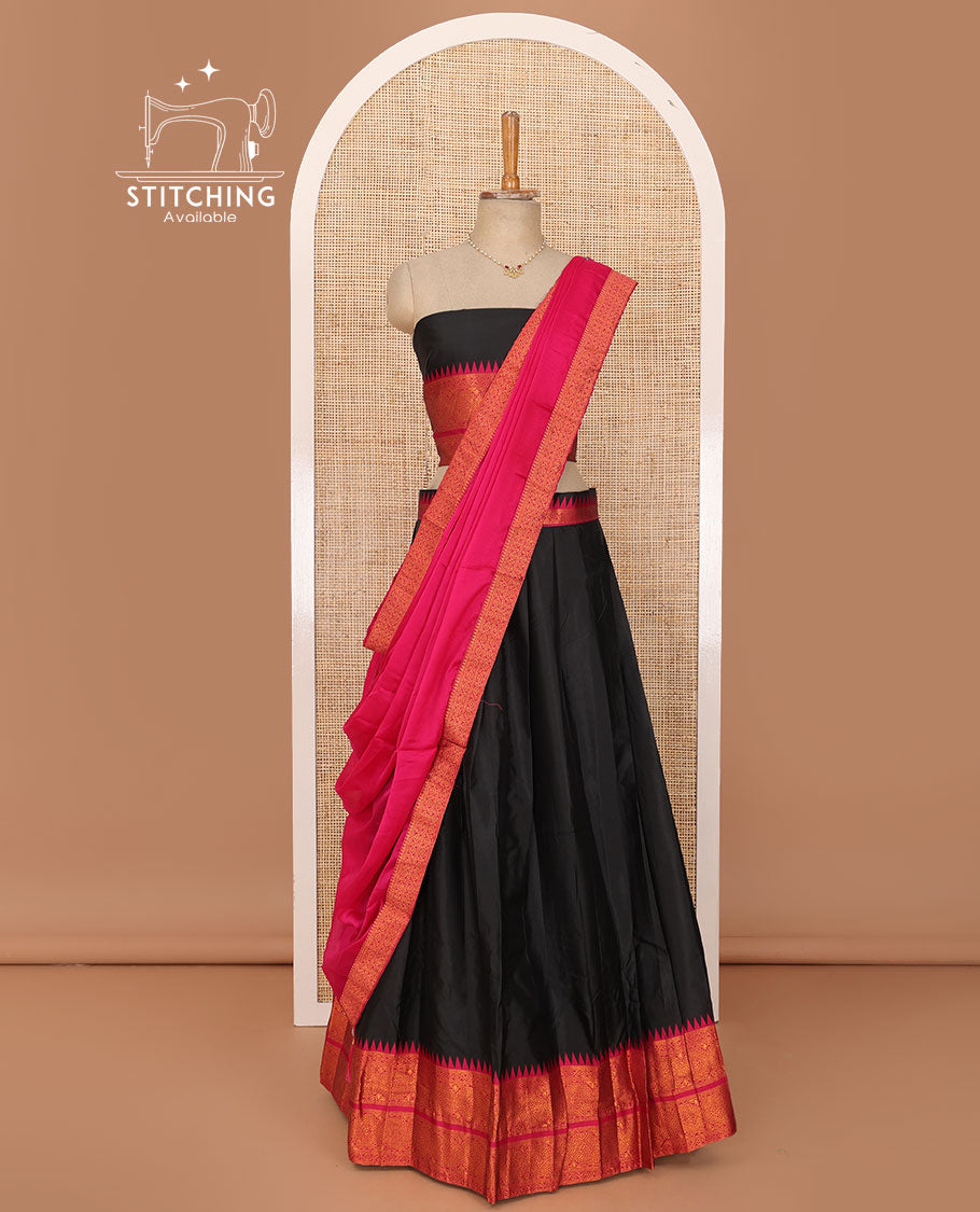 Black lehenga set, plain with contrast temple traditional motifs woven border skirt, matching traditional border blouse & pink zari border dhavani