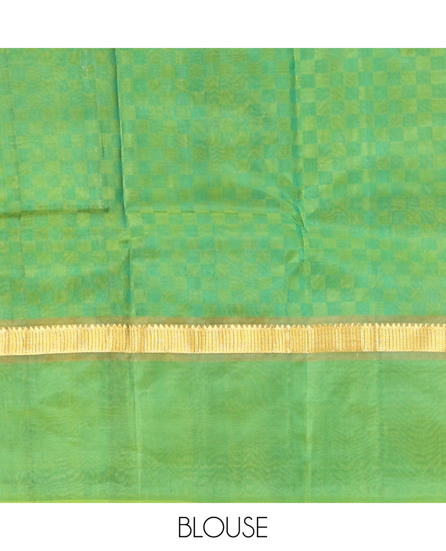 Green payadi kattam Kanchipuram silk saree, contrast kaal erangina border of rekku, and vanki designs, and zari striped pallu