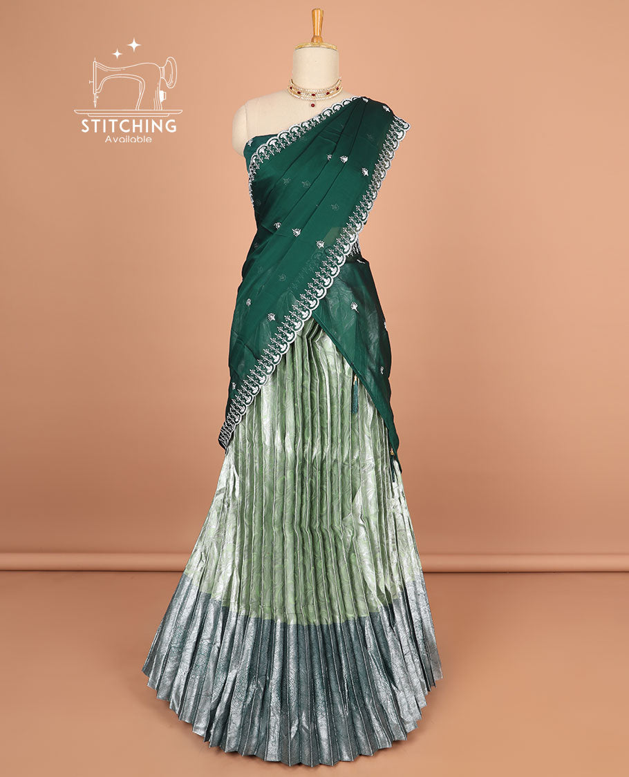 Green floral jacquard half saree with contrast zari design border, floral motifs blouse & floral embroidery scallop border dhavani
