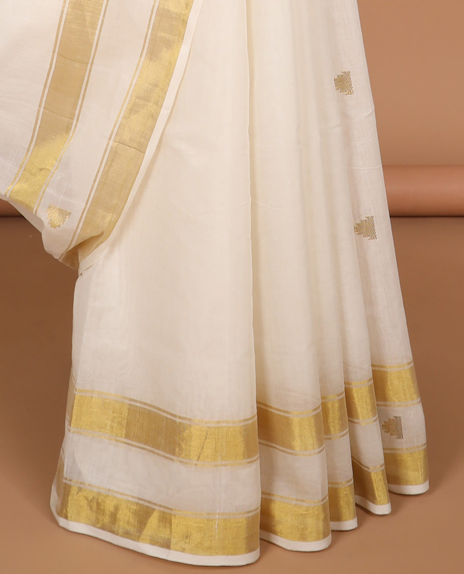 White triangle motifs kasavu saree with self rettai pettu zari border & striped, triangle design pallu