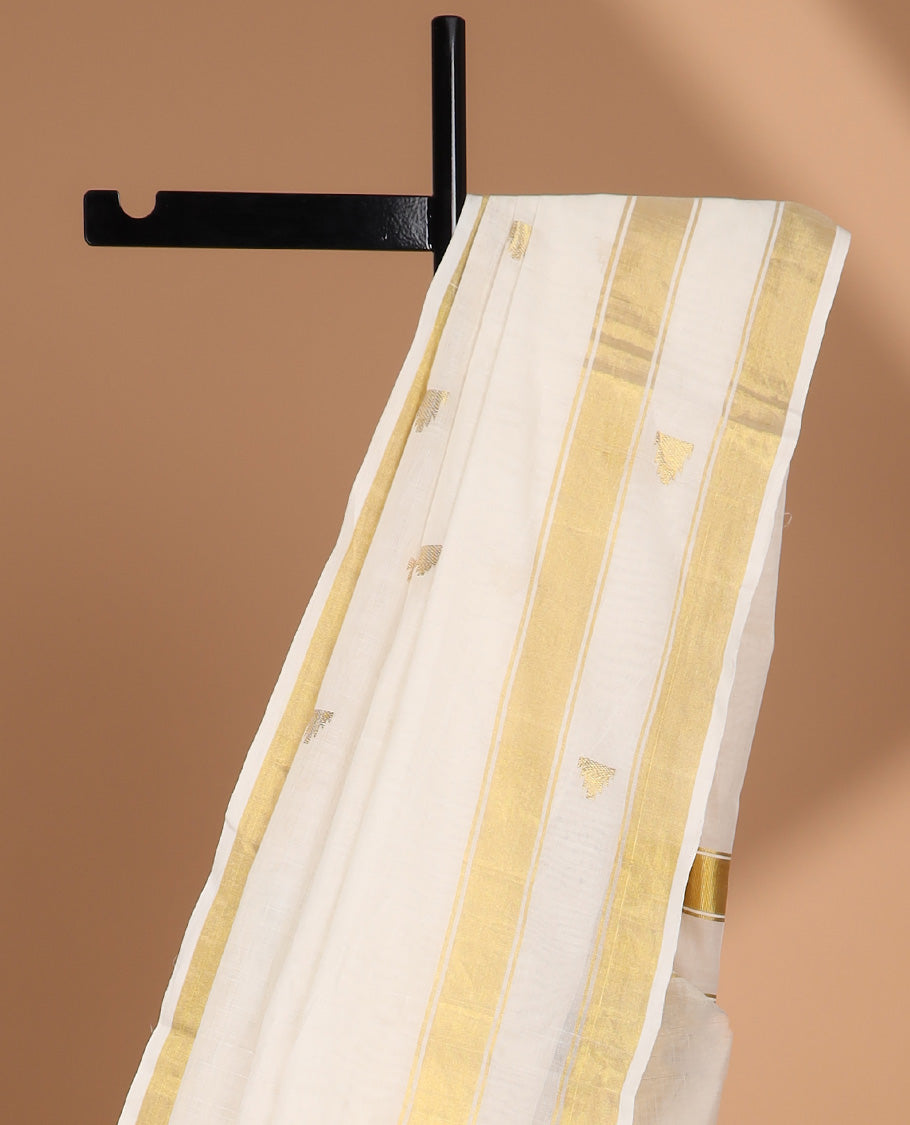 White triangle motifs kasavu saree with self rettai pettu zari border & striped, triangle design pallu