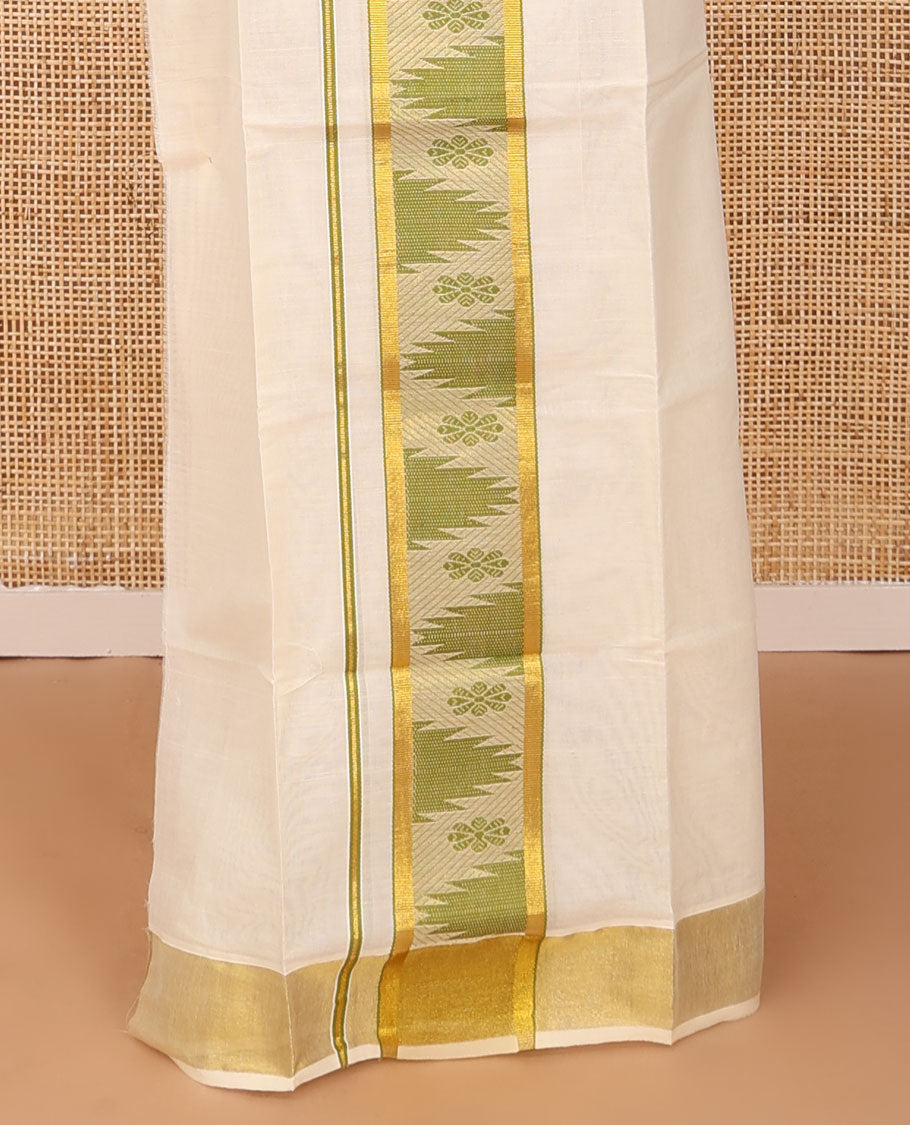Cream plain Kerala mundu set with contrast zari border of temple & floral motifs
