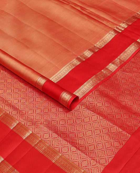 Orange zari buttas soft silk saree, contrast rettai pettu traditional design border & jaal pallu