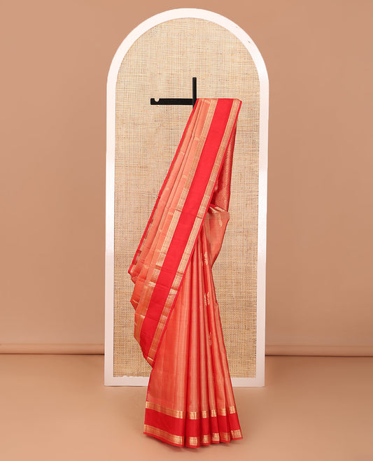 Orange zari buttas soft silk saree, contrast rettai pettu traditional design border & jaal pallu