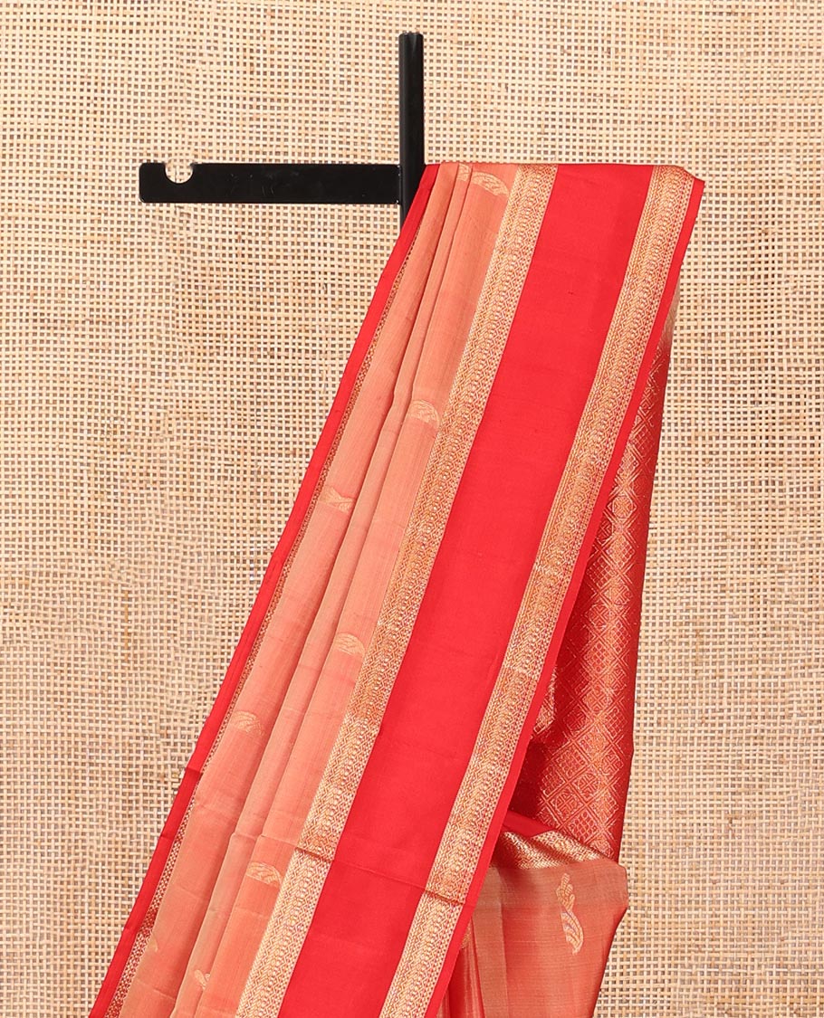 Orange zari buttas soft silk saree, contrast rettai pettu traditional design border & jaal pallu