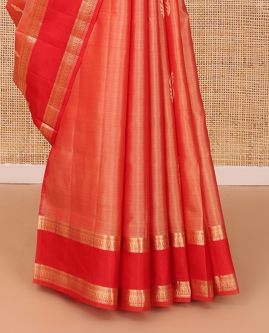 Orange zari buttas soft silk saree, contrast rettai pettu traditional design border & jaal pallu