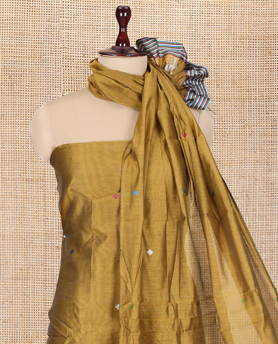 Mustard Yellow Mul Chanderi Material Churidar Features Jamdani-Style Meena Buttas Top, a Plain Bottom, and a Jamdani-Style Dupatta