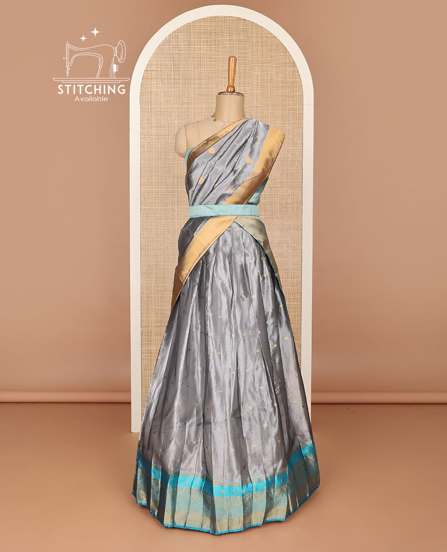 Grey floral jaal design half saree with contrast zari design border , checked zari design blouse & floral zari design dhavani