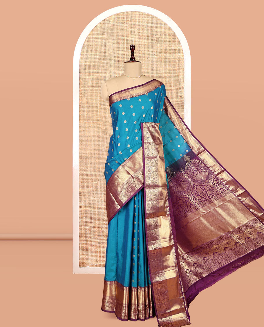 Blue Budget Silk Saree, Enriched with Zari Buttas, Complemented by a Contrast Traditional Border, Grand Pallu, and a Contrast Blouse