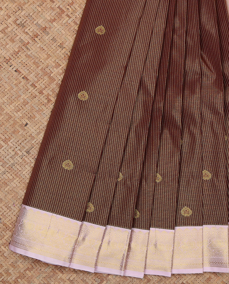 Brown Budget Silk Saree, Detailed with Zari Buttas and Checks, a Contrast Traditional Zari Border, Grand Pallu, and a Contrast Blouse