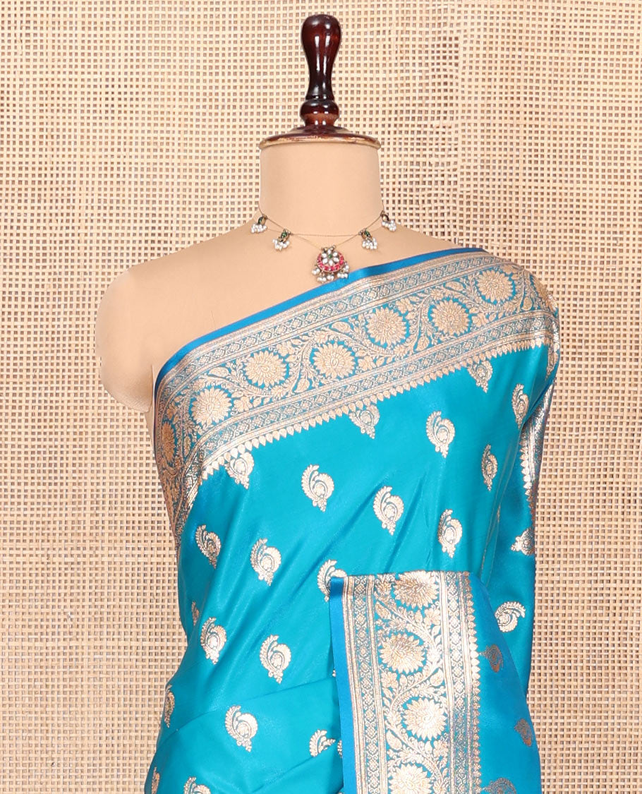 Blue Banarasi Nylon Saree, Bedecked with Zari Buttas, a Traditional Zari Border, Intricate Pallu, and a Matching Blouse
