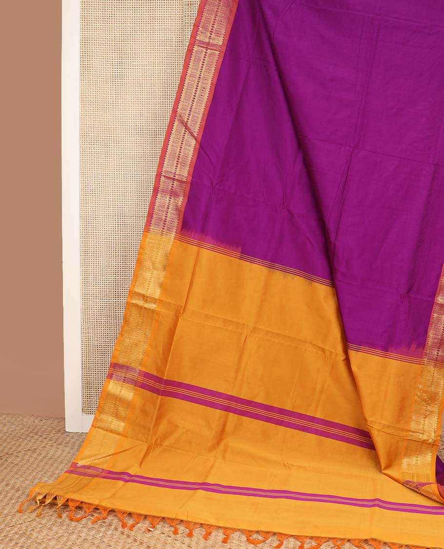 Purple plain poly cotton saree, contrast traditional zari border, and striped pallu