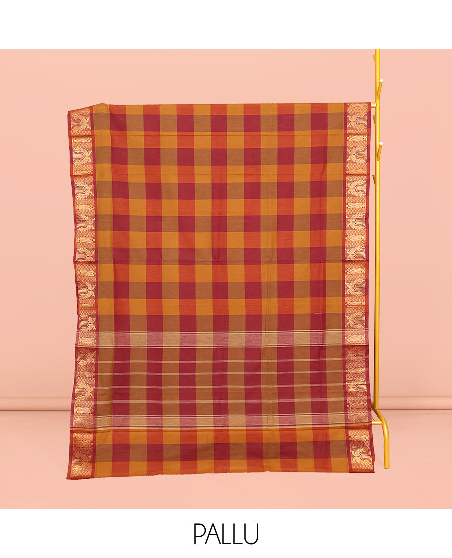 Orange-Red Chettinad Cotton Saree, Accentuated with Macro-Checks, Highlighted by Peacock Motifs Zari Border, Pallu of Stripes, and No Blouse