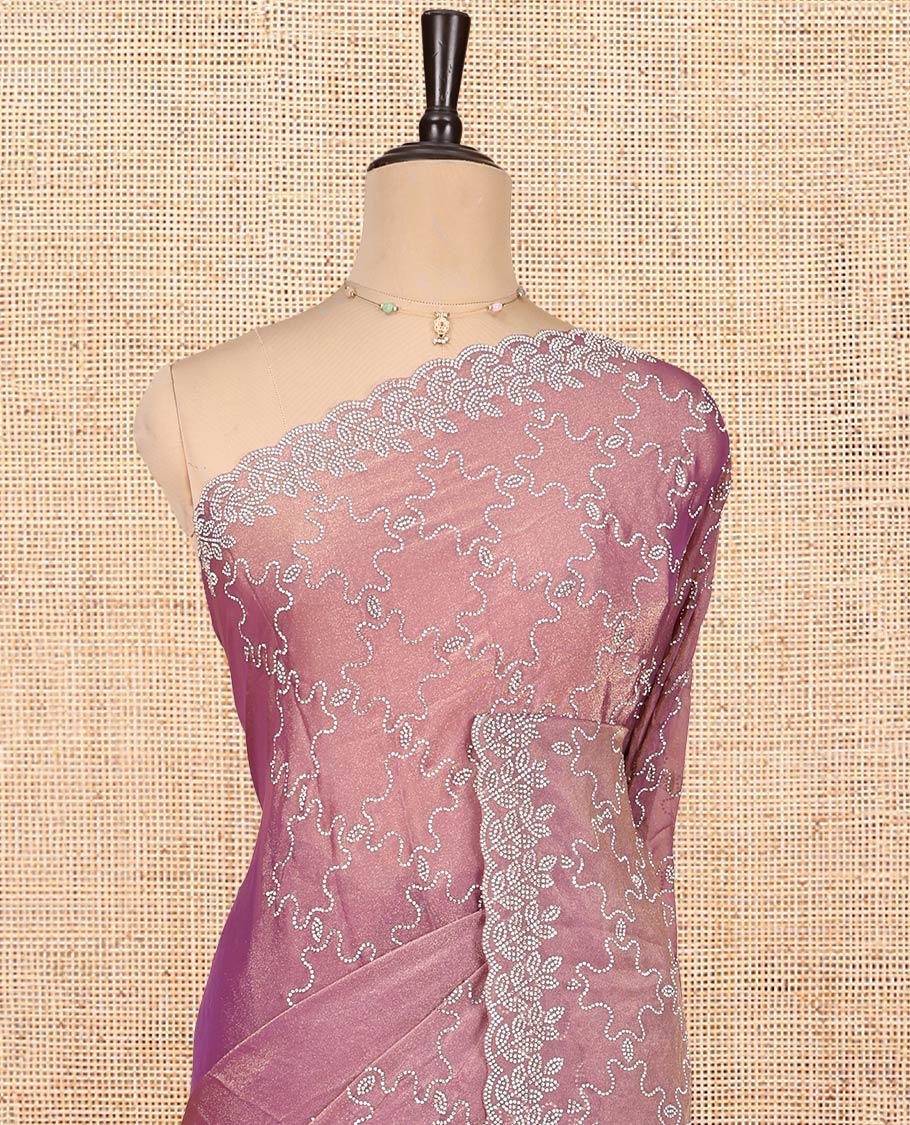 Pink Designer Saree, Prettified with Stonework Jaal Design, a Scallop Leaf Stonework Border, and Matching Blouse