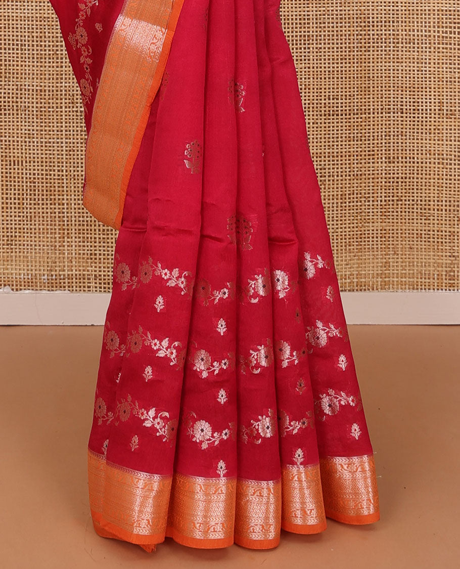 Red floral buttas, and floral creeper designs raw mango silk saree, contrast traditional zari border, and jaal pallu