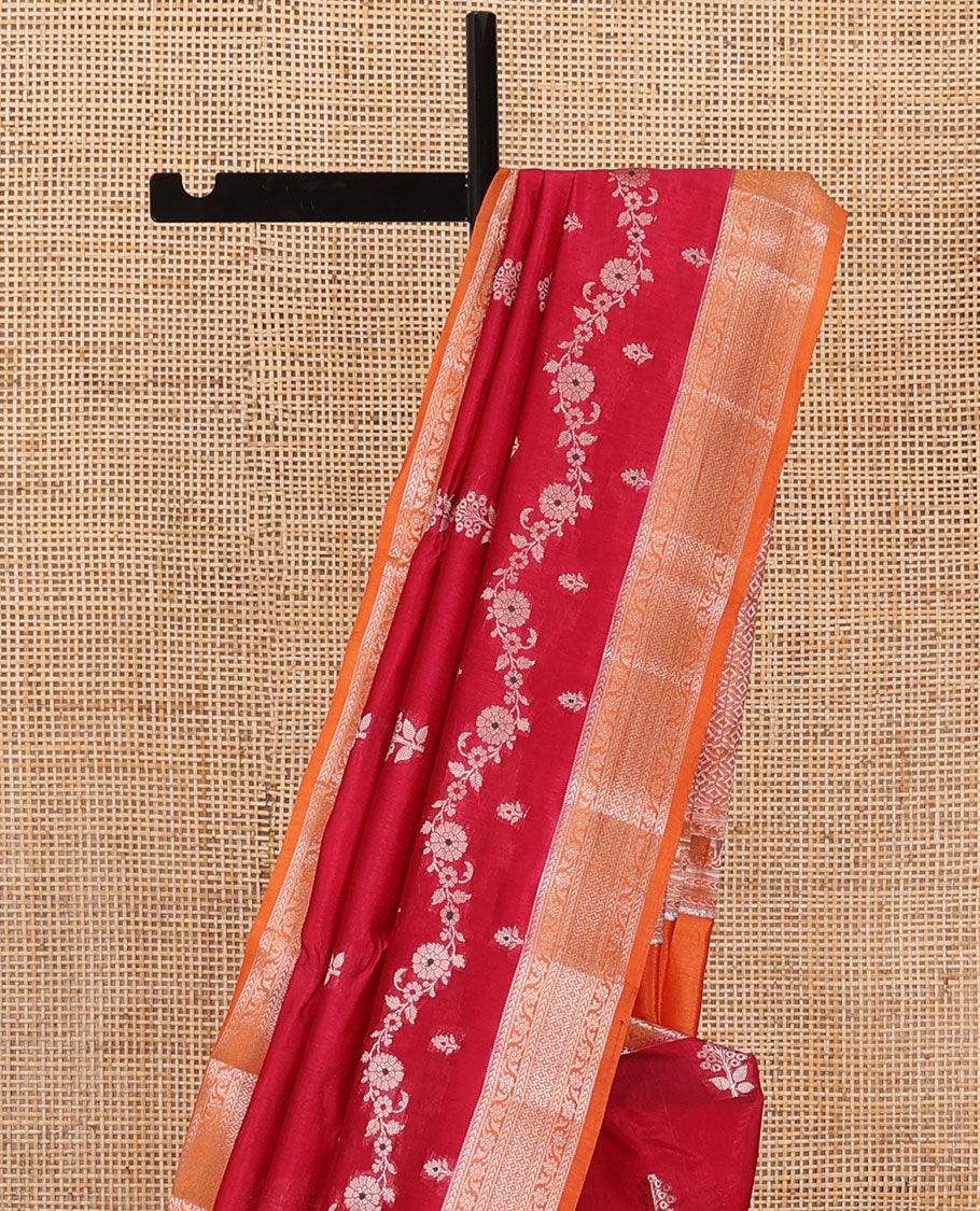 Red floral buttas, and floral creeper designs raw mango silk saree, contrast traditional zari border, and jaal pallu