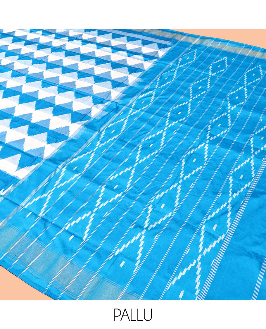 Blue Pochampally Ikat Silk Saree, Adorned with Triangle Motifs, Highlighted by a Self-Border, Ikat Jaal Pallu, and Matching Blouse