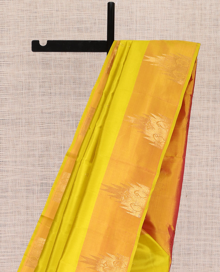 Yellow Kanchipuram Silk Saree, Woven with Zari Buttas, Complemented by a Contrast Thazampoo Rekku Border, Grand Floral Pallu, and Contrast Blouse