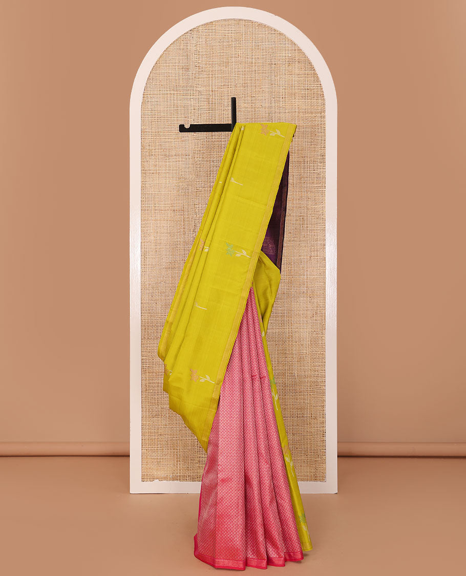 Borderless green-pink half-and-half Kanchipuram silk saree features floral meena buttas, and ara maadam design, contrast traditional motifs zari woven pallu