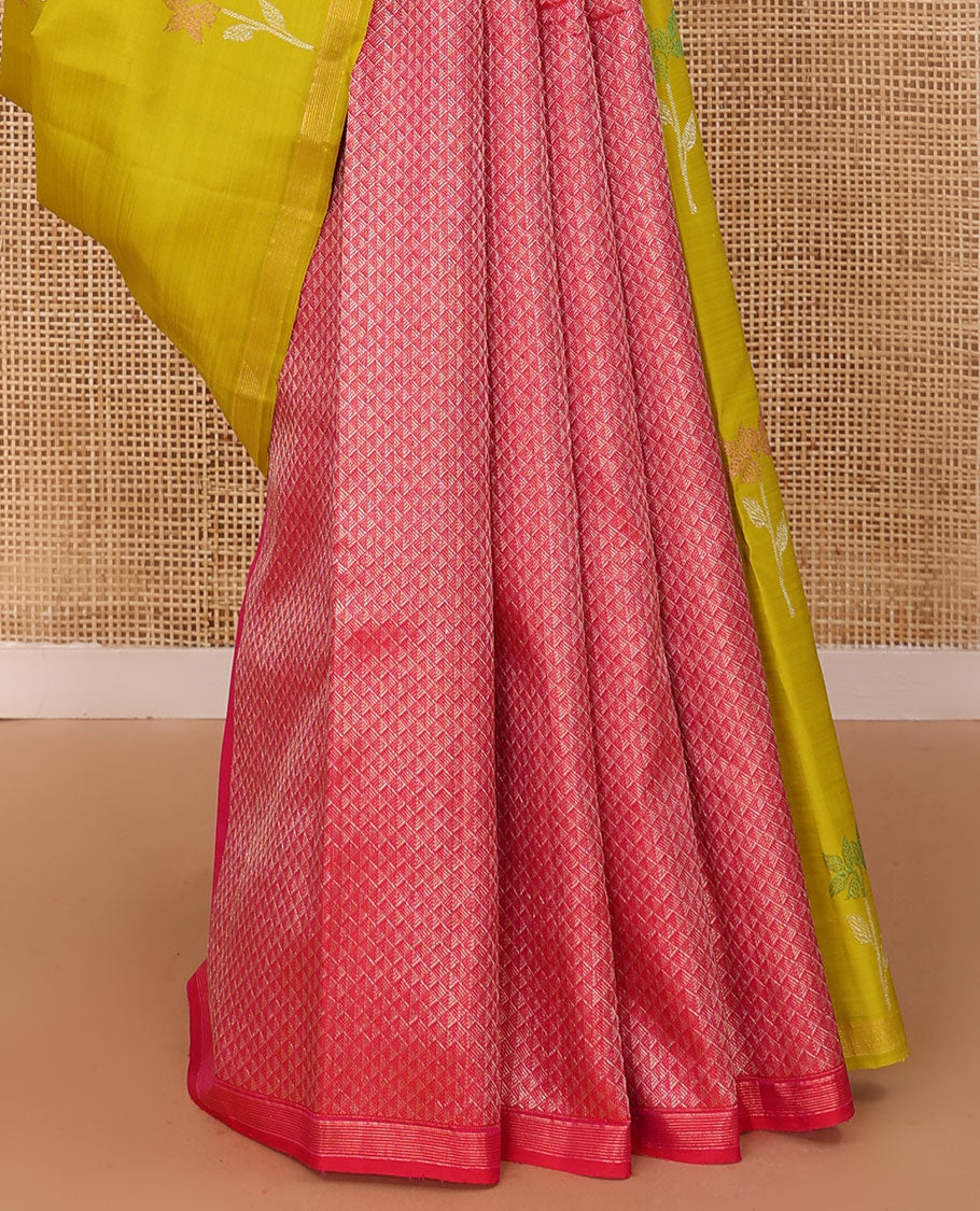 Borderless green-pink half-and-half Kanchipuram silk saree features floral meena buttas, and ara maadam design, contrast traditional motifs zari woven pallu