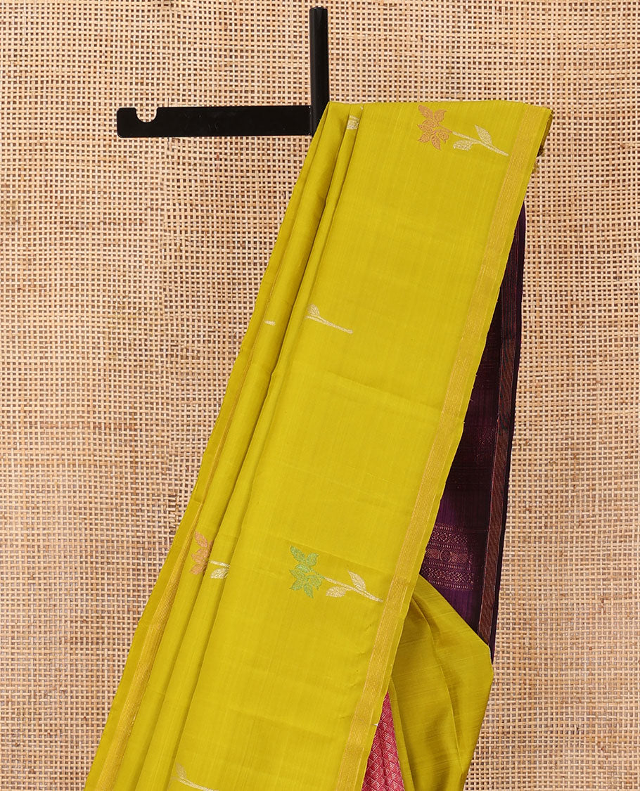 Borderless green-pink half-and-half Kanchipuram silk saree features floral meena buttas, and ara maadam design, contrast traditional motifs zari woven pallu