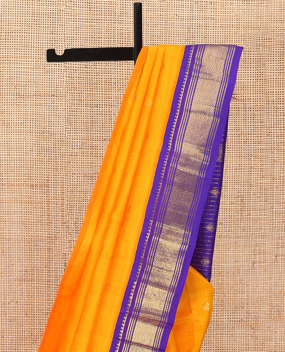 Orange zari buttas Kanchipuram silk saree, contrast one-sided border of reeku,banaras,muthu & jaal & zari design pallu