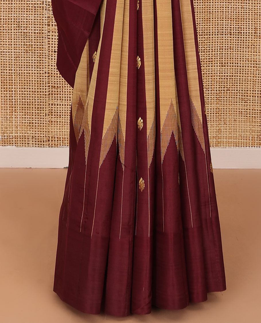 Sandal-maroon striped & zari buttas Kanchipuram silk saree, one-sided thazampoo rekku zari border & zari design pallu
