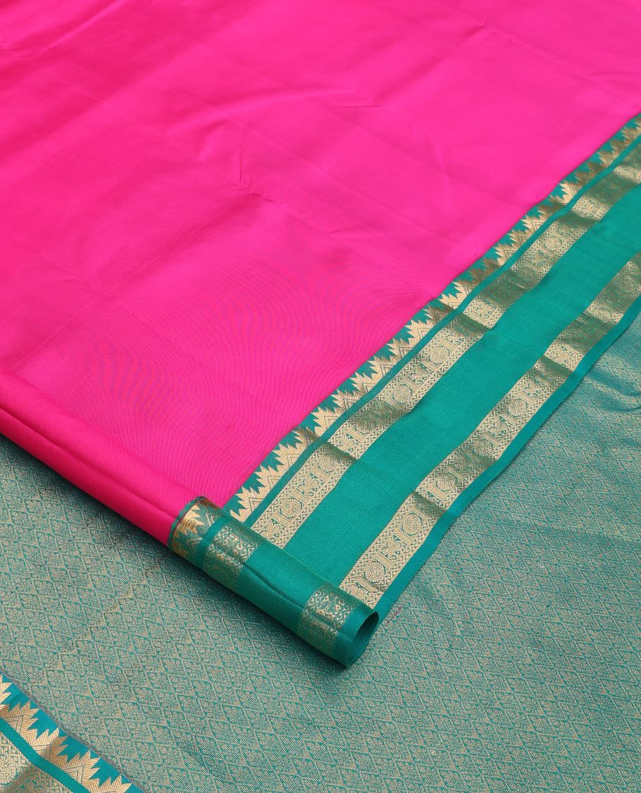 Pink plain Kanchipuram silk saree, contrast rettai pettu border of thazampoo rekku, neli, chakram, and kuthirai, and jaal pallu