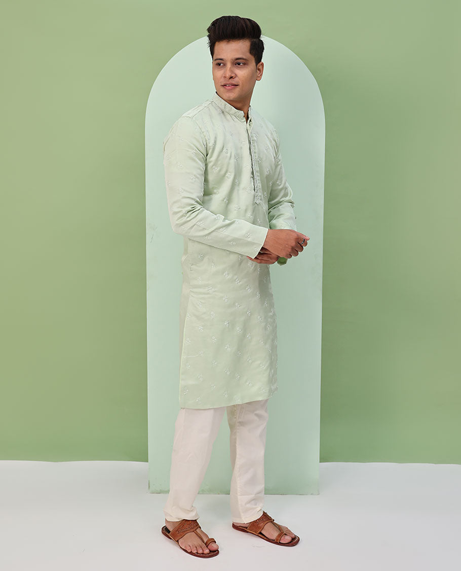 Pale green floral buttas embroidered & neck floral work full-sleeved kurta