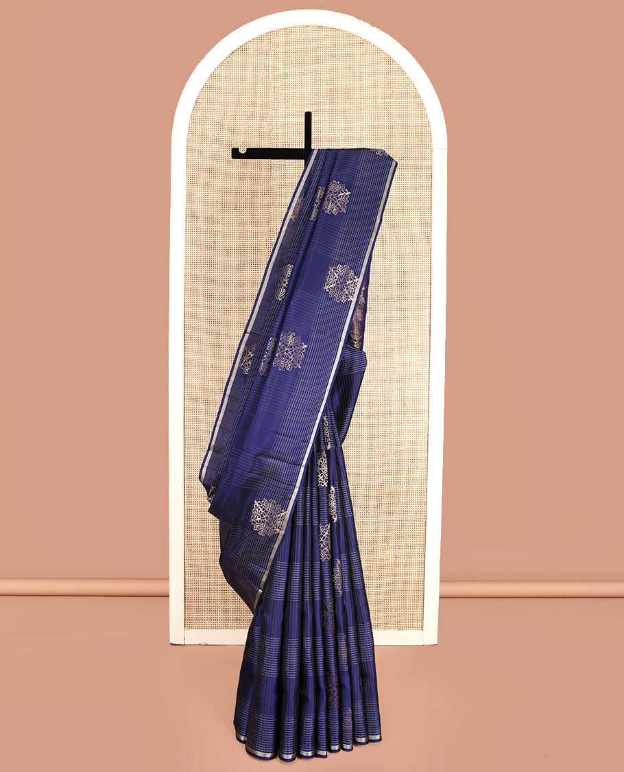 Borderless Blue Mayuri Lite Silk Mix Saree, Meticulously Crafted with Zari Buttas and Checks, Pallu of Intricate Designs, and a Matching Blouse