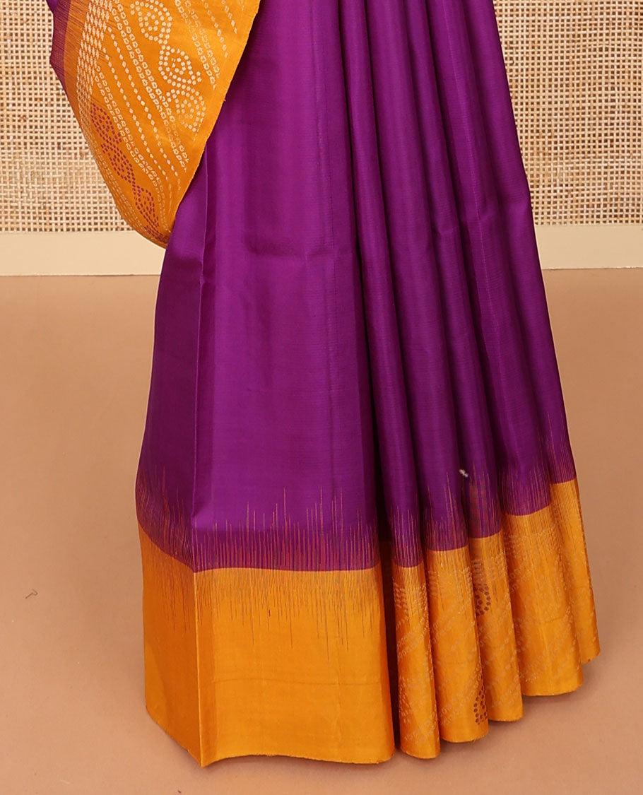 Purple flower motifs mayuri soft silk saree with contrast zari design border & bandhani floral design pallu