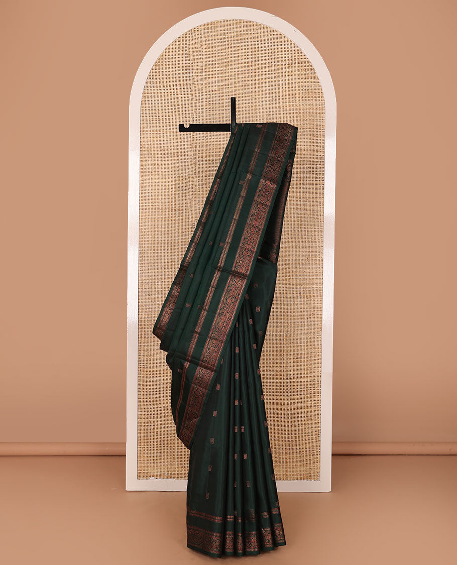 Deep forest green zari buttas soft silk saree, rettai pettu border of thilakam mokku,rudraksham & kodi visiry & jaal pallu