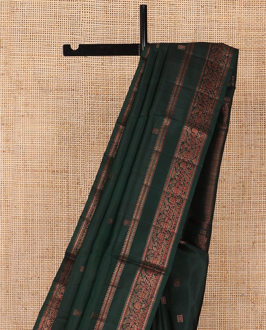 Deep forest green zari buttas soft silk saree, rettai pettu border of thilakam mokku,rudraksham & kodi visiry & jaal pallu