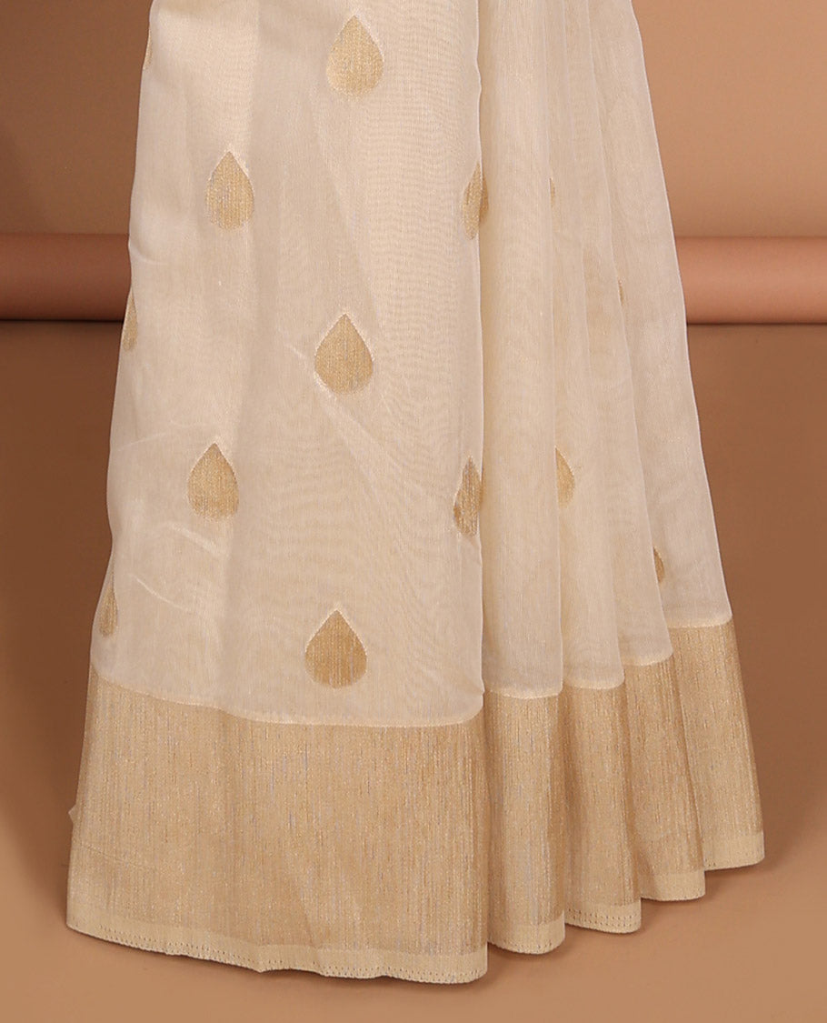 White gold butta zari handloom linentissue saree with gold rich pallu , tussels & gold tissue blouse