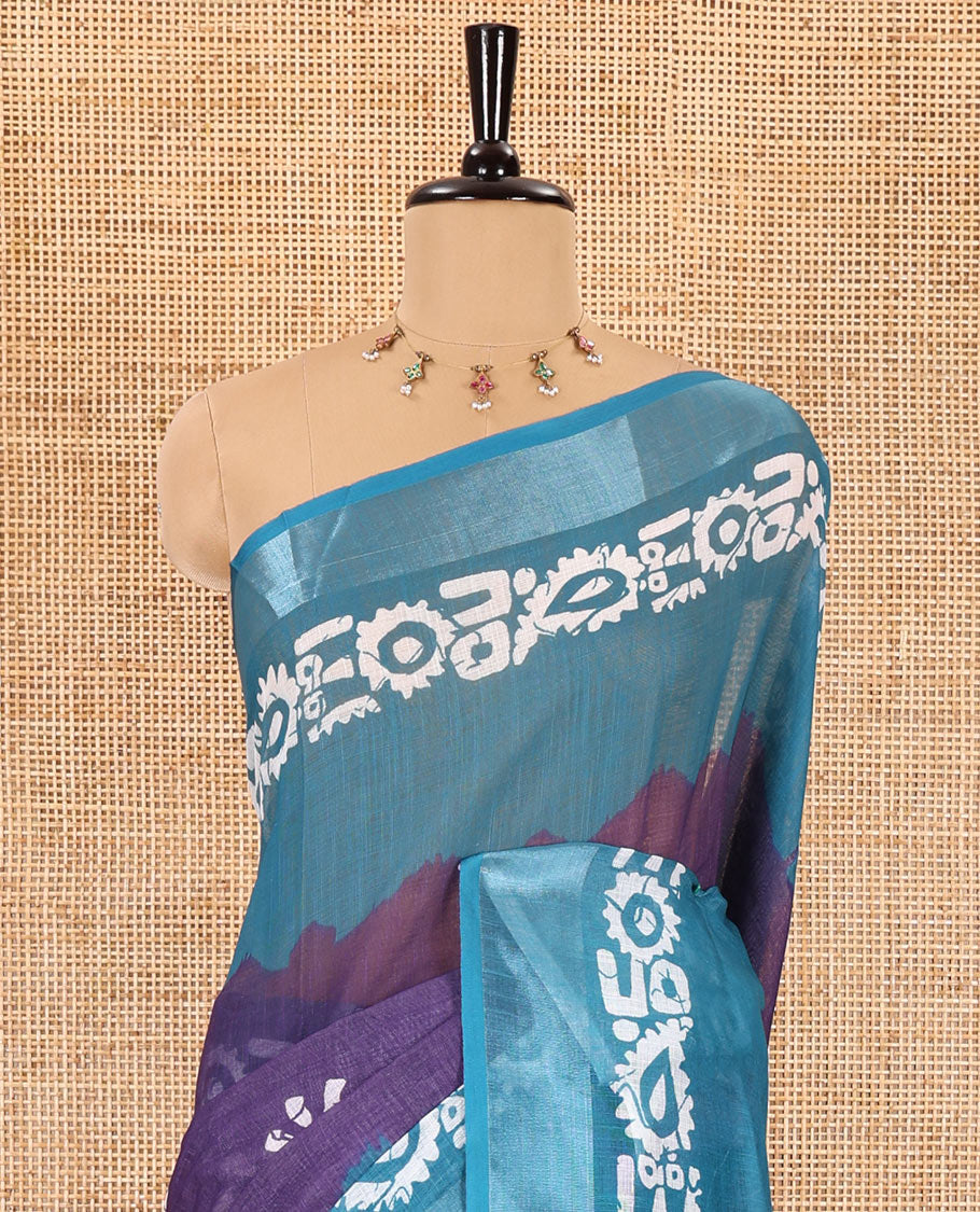 Lavender flower motifs batik printed linen cotton saree, contrast batik printed with zari woven border, batik printed pallu, and a contrast printed blouse