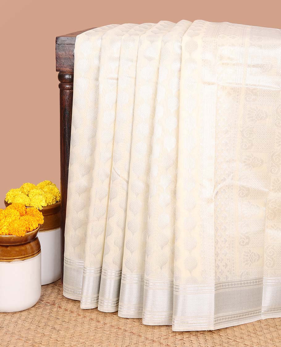 Sandal silver zari design silk cotton saree with double pad rudrashra border & rich pallu along with plain blouse