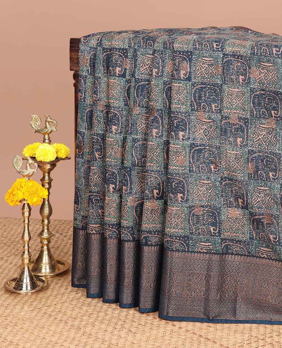 Peacock blue screen print linen saree with zari border & chit pallu along with brocade blouse