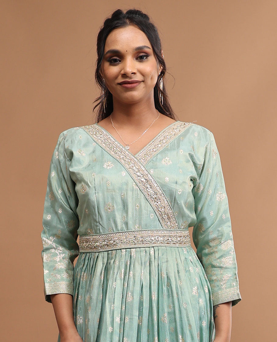 Light blue floral embroidered v neck, 3/4 th sleeve, floor length top & floral zari design dupatta