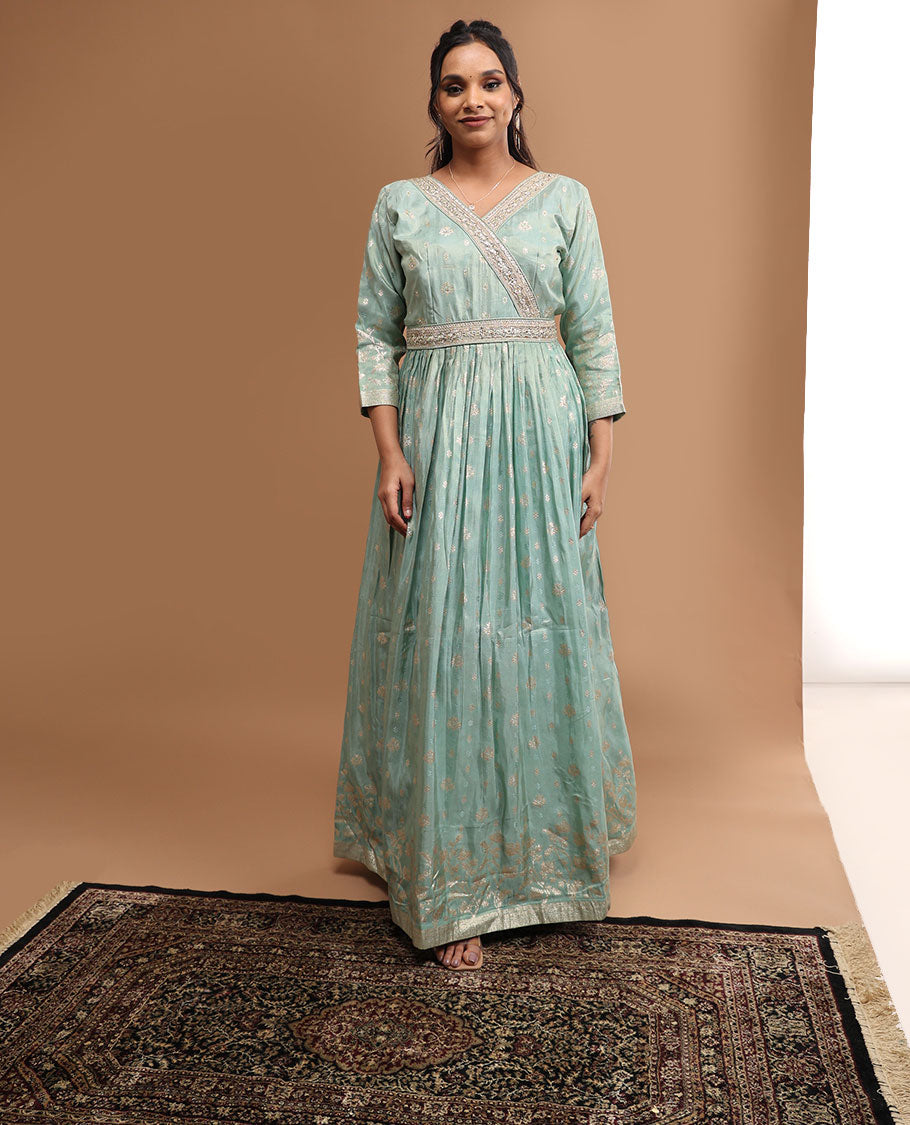 Light blue floral embroidered v neck, 3/4 th sleeve, floor length top & floral zari design dupatta