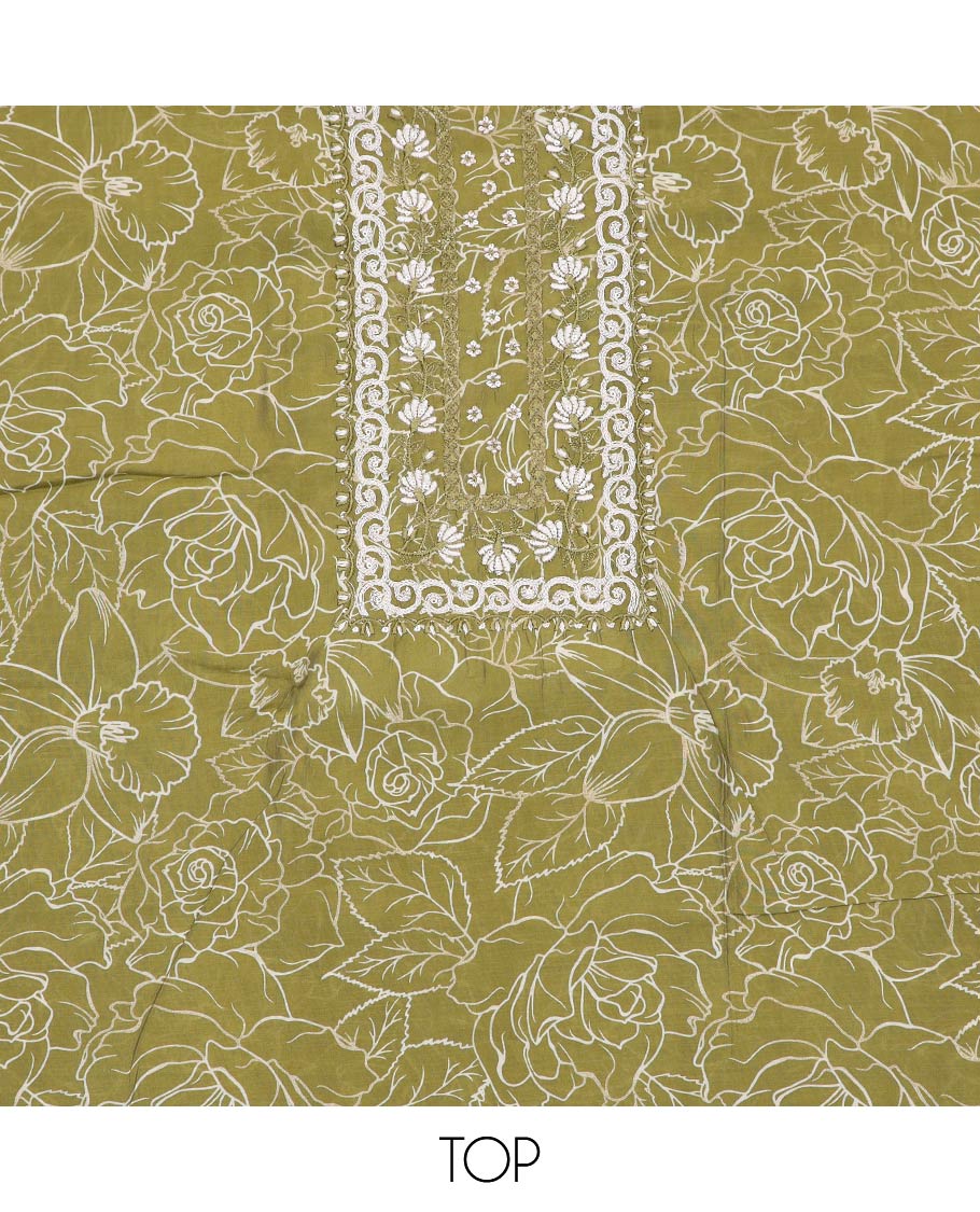 Green material chudidar set, vine printed with neck embroidered top, plain bottom and sequins embroidered dupatta