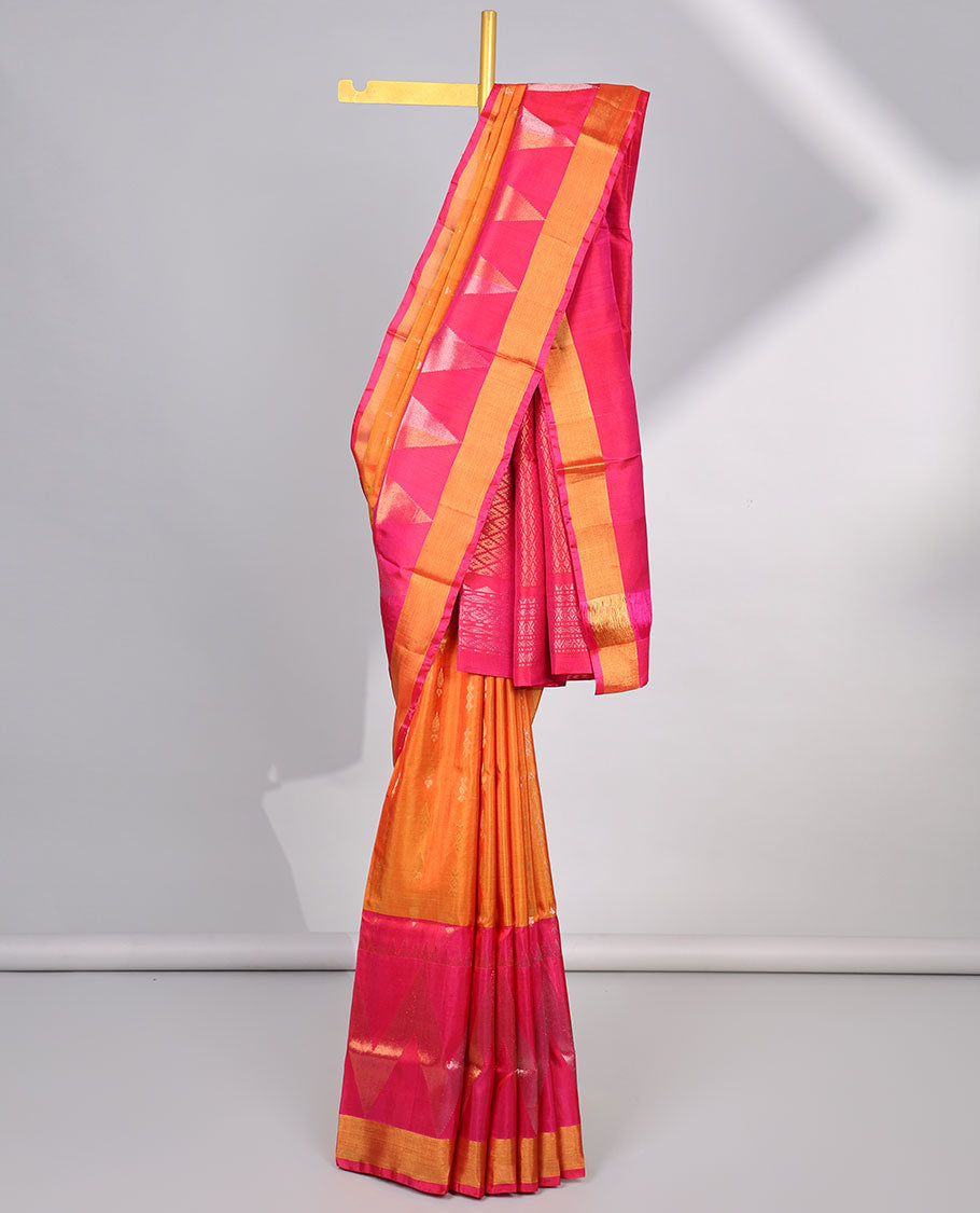 orange buttas uppada silk saree with contrast zig zag striped border & pallu of argyle pattern