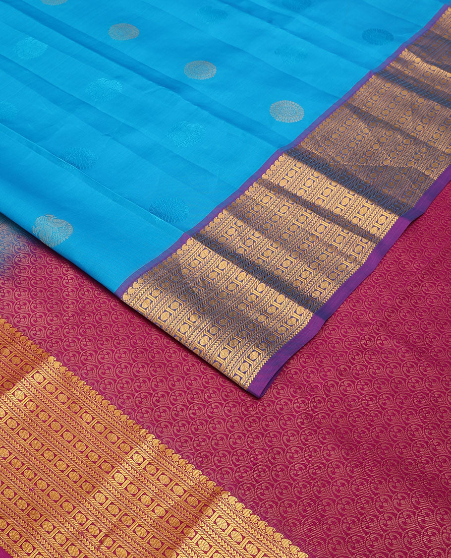 Blue zari buttas Vasundhara elite silksaree, contrast border of manga mokku,muthu,kathir,banaras & poun & scallop pallu