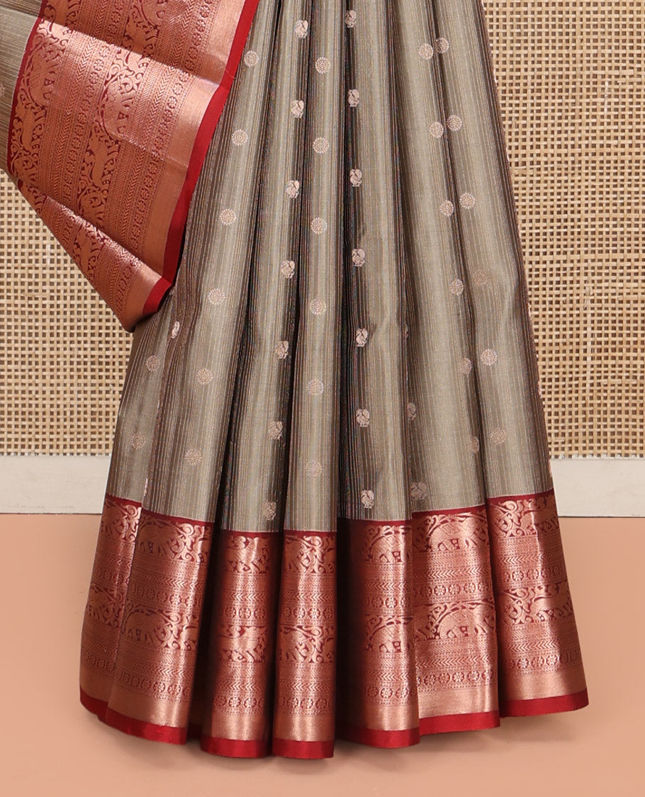 Grey Vasundhara Silk Saree, Sparsely Woven with Zari Buttas All Over Its Body, Complemented by a Contrast Border of Yaali, Yaanai, Neli, Banaras, Kathir, and Kamalam Designs, Grand Pallu, and Paired with a Contrast Blouse